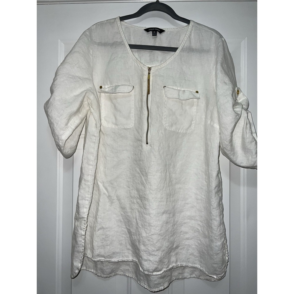 ELLEN TRACY Women's Size 1X Ivory Gold Tassel Linen Blouse Top Boho Cottagecore
